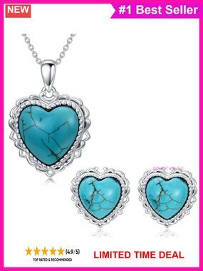 Heart Turquoise Necklace Earrings Set 925 Sterling Silver Western Jewelry Gift